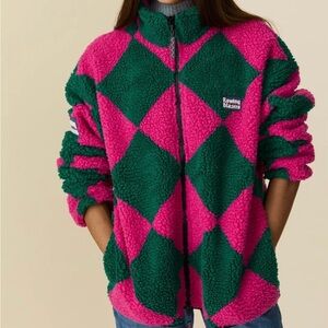 Rowing Blazers- Harlequin Deep-Pile Sherpa “Jockey” Fleece in Pink/Green